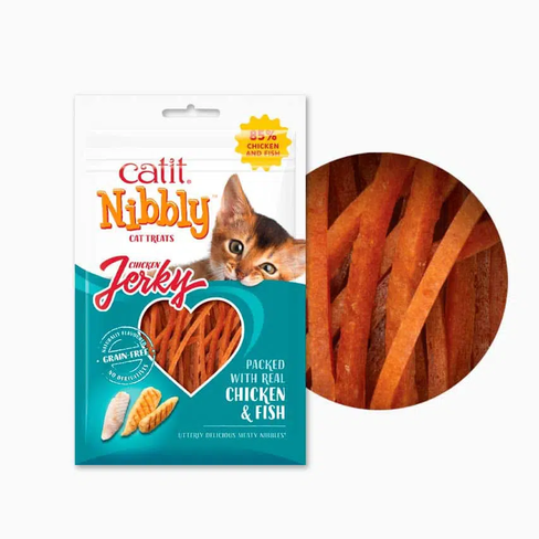 Catit Nibbly Jerky Chicken & Fish – recompense din carne pentru pisici cu pui și pește