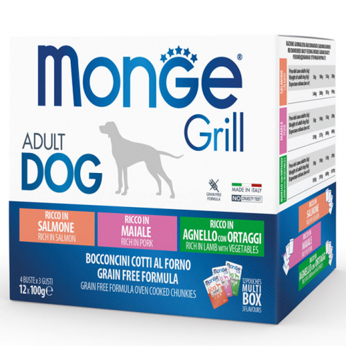 MONGE DOG GRILL MIX BOX ADULT SALMONE/PORK/LAMB 12x100gr