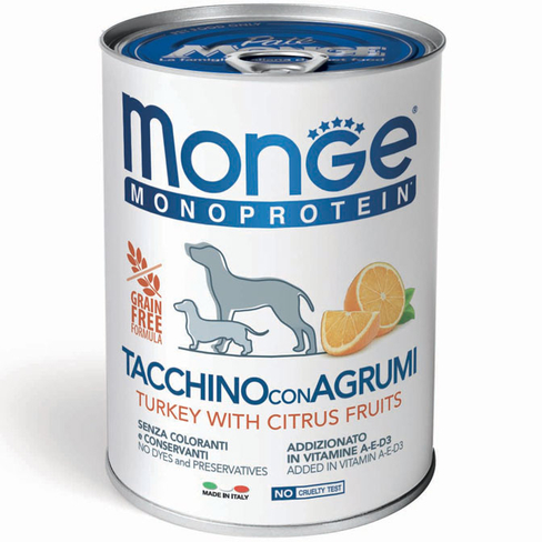 MONGE Dog Fruits Pate Turkey, rice and citrus