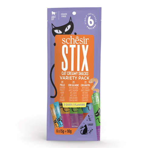 SCHESIR STIX CAT POUCH VARIETY PACK CHICKEN/DUCK/SALMON 6x15gr